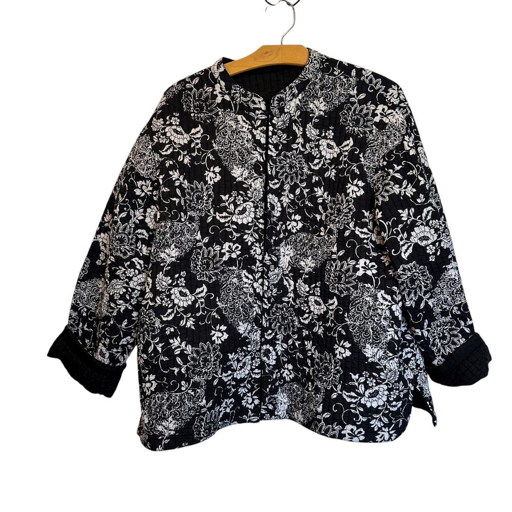 Black White Floral Quilted Jacket Barn Coat Chore Granny Fairy Granola Size XL